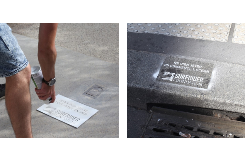 Personne utilisant une bombe de peinture &eacute;co-responsable pour peindre un message de sensibilisation au sol 
